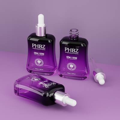 Botellas de goteador de suero de vidrio púrpura con gradiente personalizado 1 oz Estampado caliente