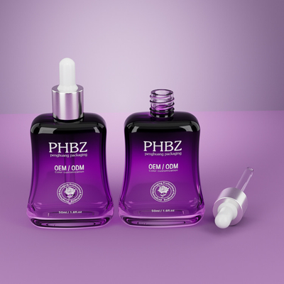 Botellas de goteador de suero de vidrio púrpura con gradiente personalizado 1 oz Estampado caliente