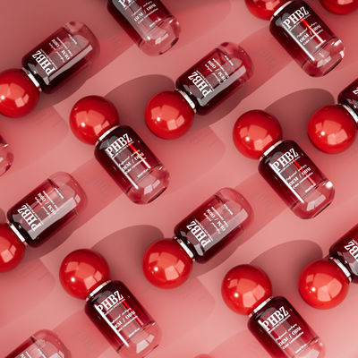 Botella de vidrio vacía de 30 ml / 1 oz con gradiente rojo y tapa de bola redonda, empaque personalizado de color OEM ODM para cuidado de la piel para loción y aceite esencial