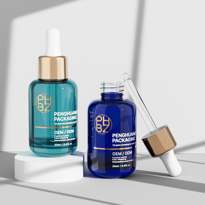 Botellas redondas de vidrio de 30 ml con goteador de suero para aceite esencial para el cuidado del cabello