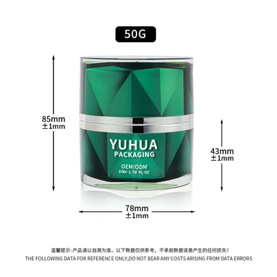 Tarros de crema de plástico de lujo al por mayor 50g Tarro cosmético de doble pared verde vacío para el cuidado de la piel