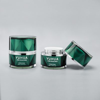 Tarros de crema de plástico de lujo al por mayor 50g Tarro cosmético de doble pared verde vacío para el cuidado de la piel