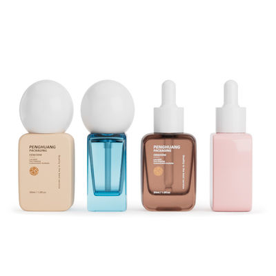 Botellas de bomba al por mayor vacías de 30 ml de tapa de bola redonda de vidrio cuadrado botellas de base líquida de vidrio