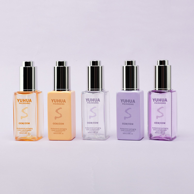 Botellas cuadradas para goteadores de suero con pantalla de seda/estampado en caliente/impresión de etiquetas en verde claro, azul o blanco