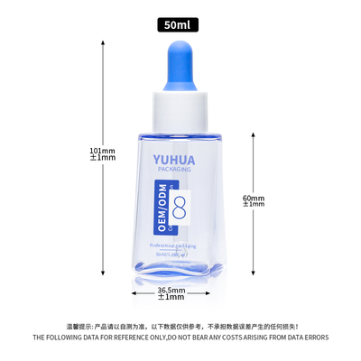 Botella cuentagotas de suero cuadrada de PET de 50 ml con logotipo personalizado y tapón de goma