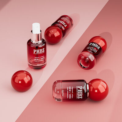 Botella de vidrio vacía de 30 ml / 1 oz con gradiente rojo y tapa de bola redonda, empaque personalizado de color OEM ODM para cuidado de la piel para loción y aceite esencial