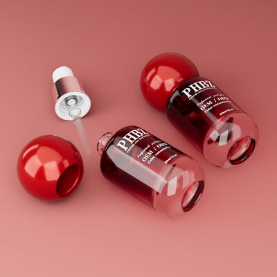 Botella de vidrio vacía de 30 ml / 1 oz con gradiente rojo y tapa de bola redonda, empaque personalizado de color OEM ODM para cuidado de la piel para loción y aceite esencial