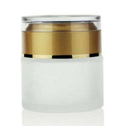 Alto tarro blanco de la crema del vidrio esmerilado 50g con la tapa de acrílico de lujo del oro