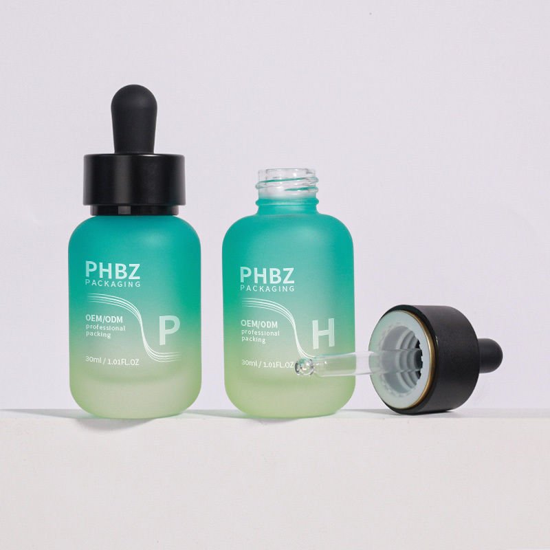 Según los requisitos del cliente, botellas cuentagotas de suero de 30 ml, botella cuentagotas redonda de vidrio mate, tipo de tapa duradera y opción de embalaje