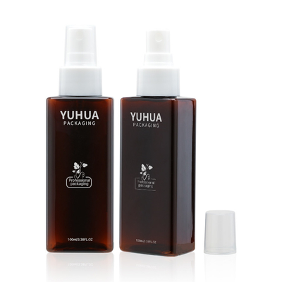 El diseño cuadrado del color del ámbar de la forma de la botella plástica del wholsale 100ml del precio de fábrica con el color blanco de la bomba del espray cistomzed