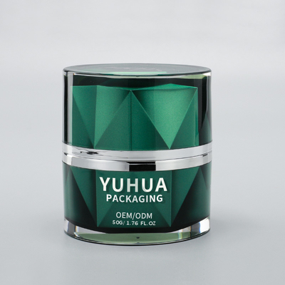 Tarros de crema de plástico de lujo al por mayor 50g Tarro cosmético de doble pared verde vacío para el cuidado de la piel