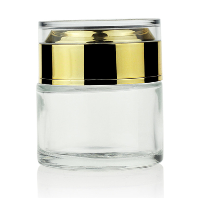 Alto tarro blanco de la crema del vidrio esmerilado 50g con la tapa de acrílico de lujo del oro