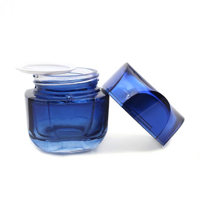 Sistema de cristal vendedor caliente del tarro del tarro cosmético azul vacío de lujo de alta calidad del cuadrado 50g